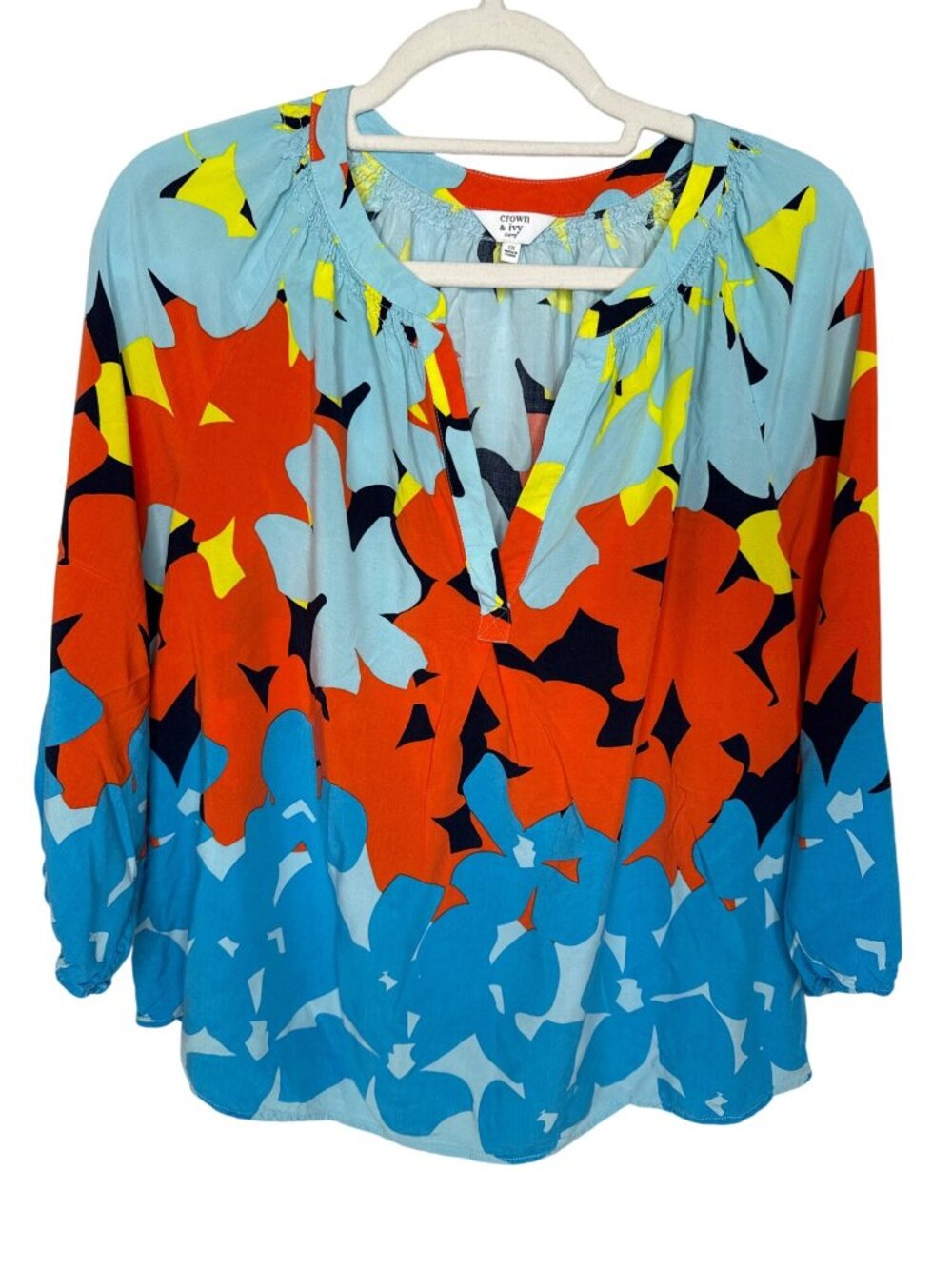 Crown & Ivy Plus 1X Floral Peasant Blouse Blue Orange 3/4 Sleeve